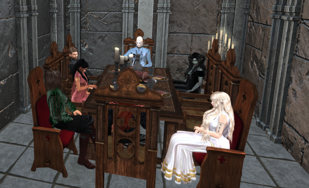 The Crown of Iero, Sevestryn, seated at the head of a table, with Ornendil, Nessa, Radulf, Elain and Cirice
